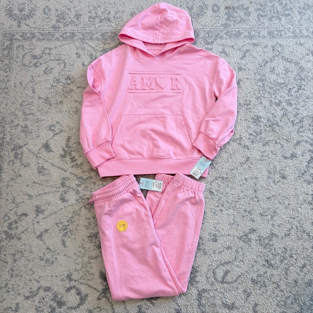 Cat & Jack Pink AMOR Hoodie Jogger Set Girls L 10/12 Cozy Y2K Lounge Spring